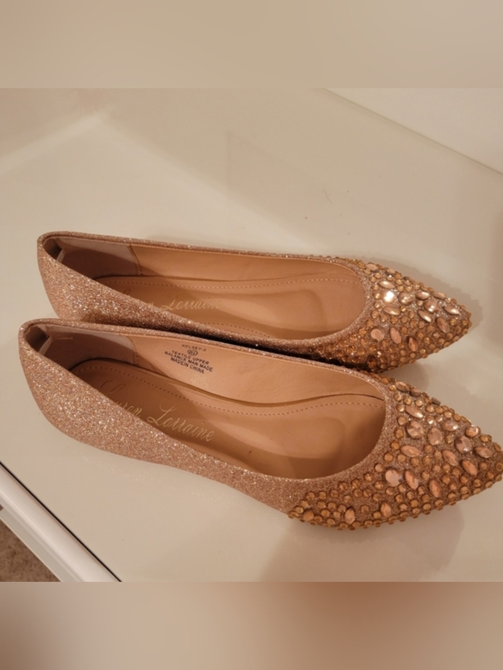 Lauren Lorraine Nude Pink Glitter Jeweled Pointed Toe Flats NWOT